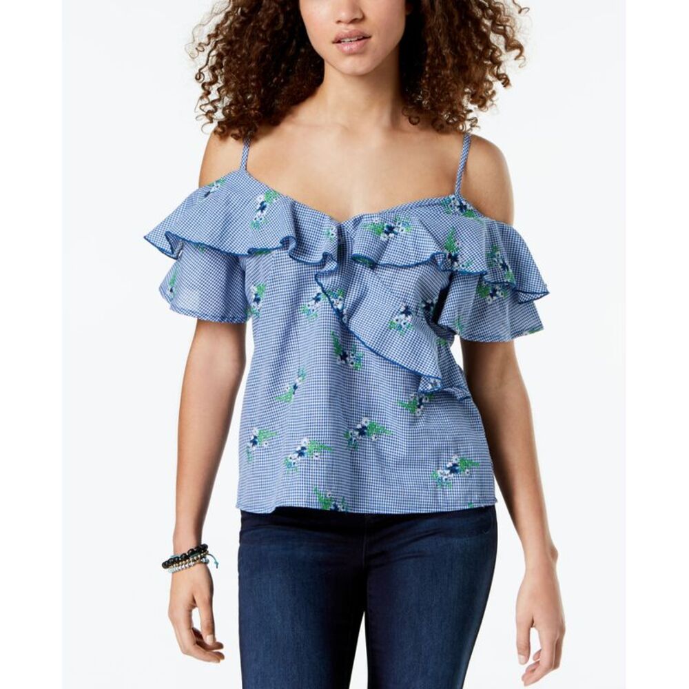 Gypsies Moondust Juniors Ruffled Gingham Off The Shoulder Blouse